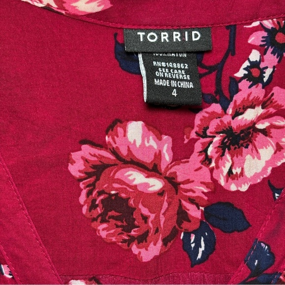 Torrid Plus Size 4X Burgundy Floral Button Front Long Sleeve Rayon Blouse - Picture 3 of 5